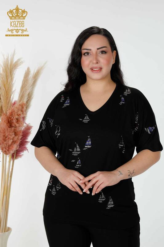 Wholesale Women's Blouse Stone Embroidered Black - 78936 | KAZEE