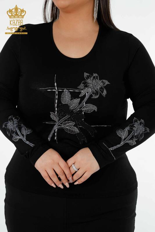 Wholesale Women's Blouse Stone Embroidered Black - 79011 | KAZEE