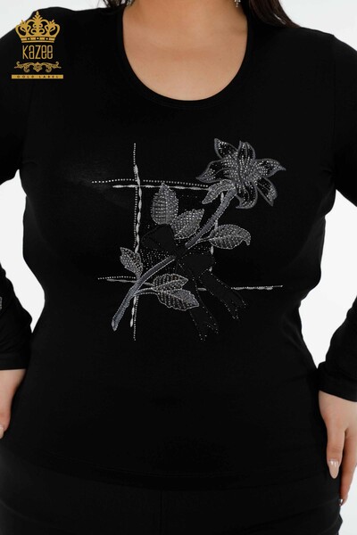 Wholesale Women's Blouse Stone Embroidered Black - 79011 | KAZEE - Thumbnail