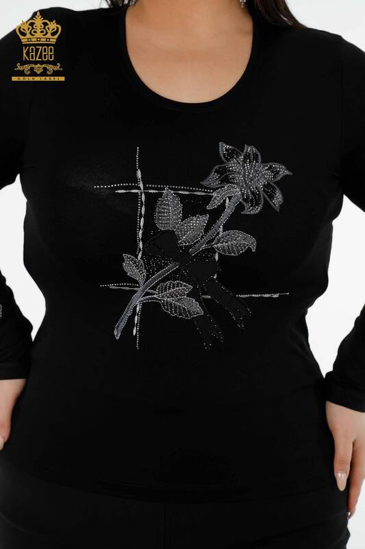 Wholesale Women's Blouse Stone Embroidered Black - 79011 | KAZEE