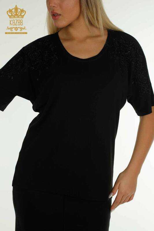 Wholesale Women's Blouse - Stone Embroidered - Black - 79097 | KAZEE