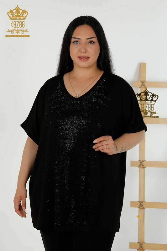 Wholesale Women's Blouse - Stone Embroidered - Black - 79321 | KAZEE