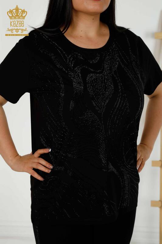 Wholesale Women's Blouse - Stone Embroidered - Black - 79329 | KAZEE