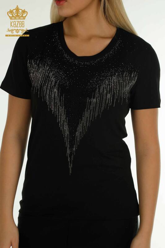 Wholesale Women's Blouse Stone Embroidered Black - 79348 | KAZEE
