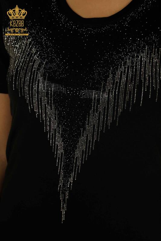 Wholesale Women's Blouse Stone Embroidered Black - 79348 | KAZEE