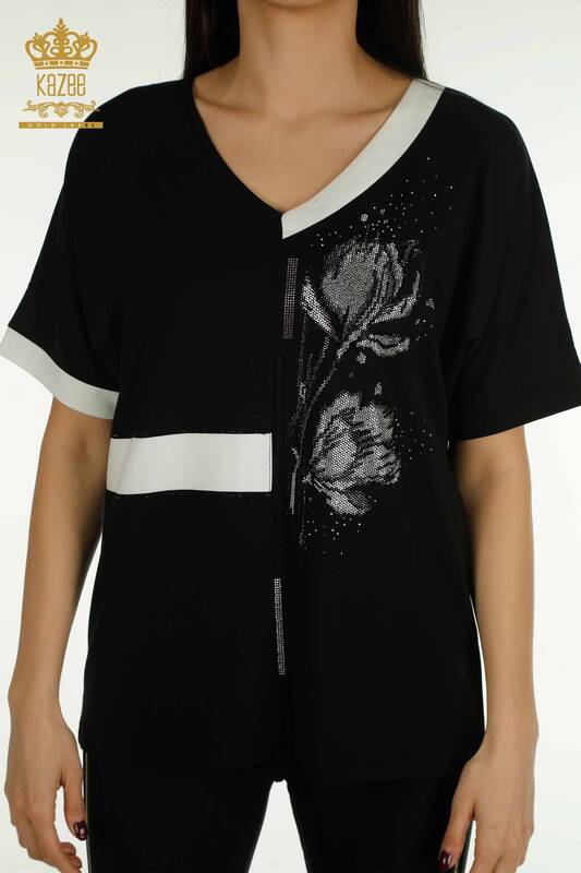 Wholesale Women's Blouse Stone Embroidered Black - 79495 | KAZEE