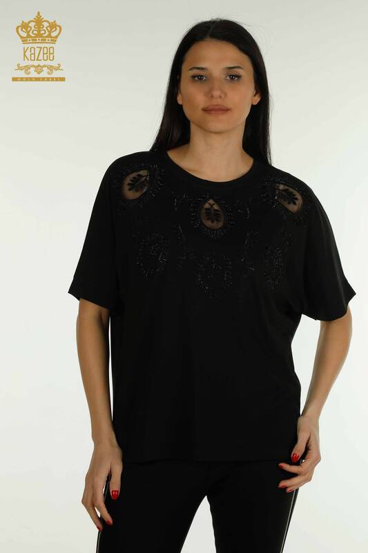 Wholesale Women's Blouse Black with Stone Embroidery - 79556 | KAZEE