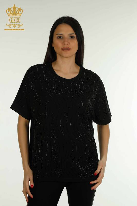 Wholesale Women's Blouse Stone Embroidered Black - 79651 | KAZEE