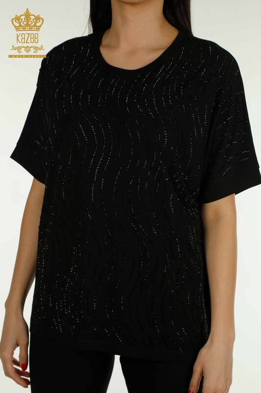 Wholesale Women's Blouse Stone Embroidered Black - 79651 | KAZEE