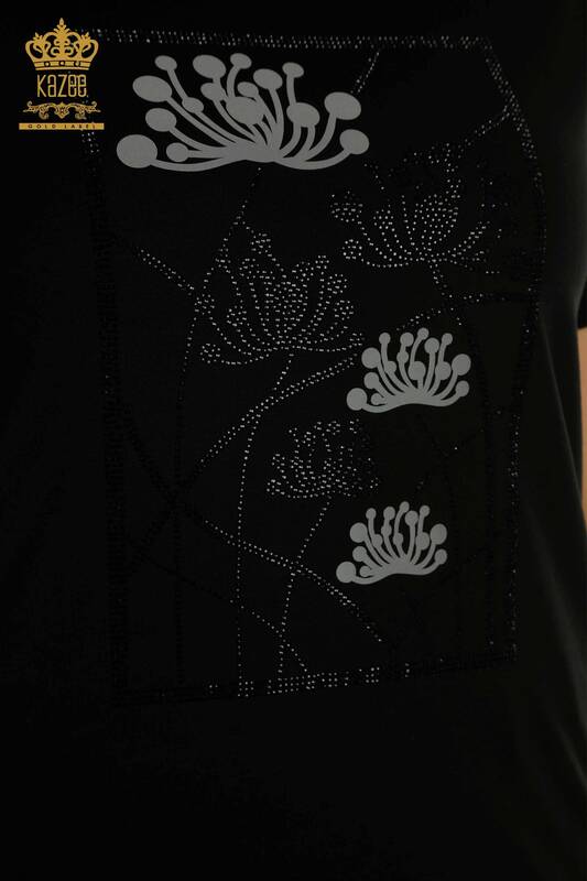 Wholesale Women's Blouse Stone Embroidered Black - 79863 | KAZEE