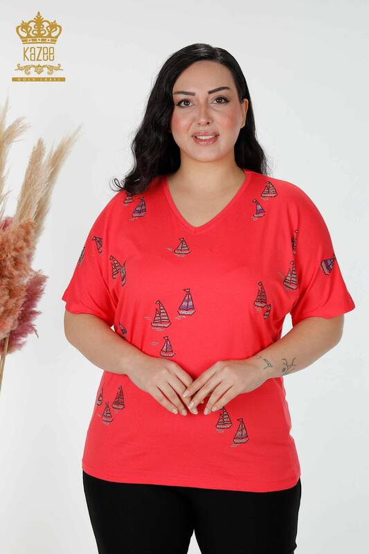 Wholesale Women's Blouse Stone Embroidered Coral - 78936 | KAZEE