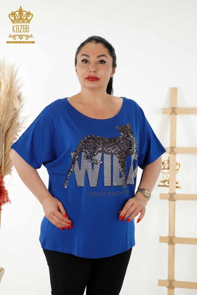 Wholesale Women's Blouse - Stone Embroidered - Dark Blue - 77713 | KAZEE - Thumbnail