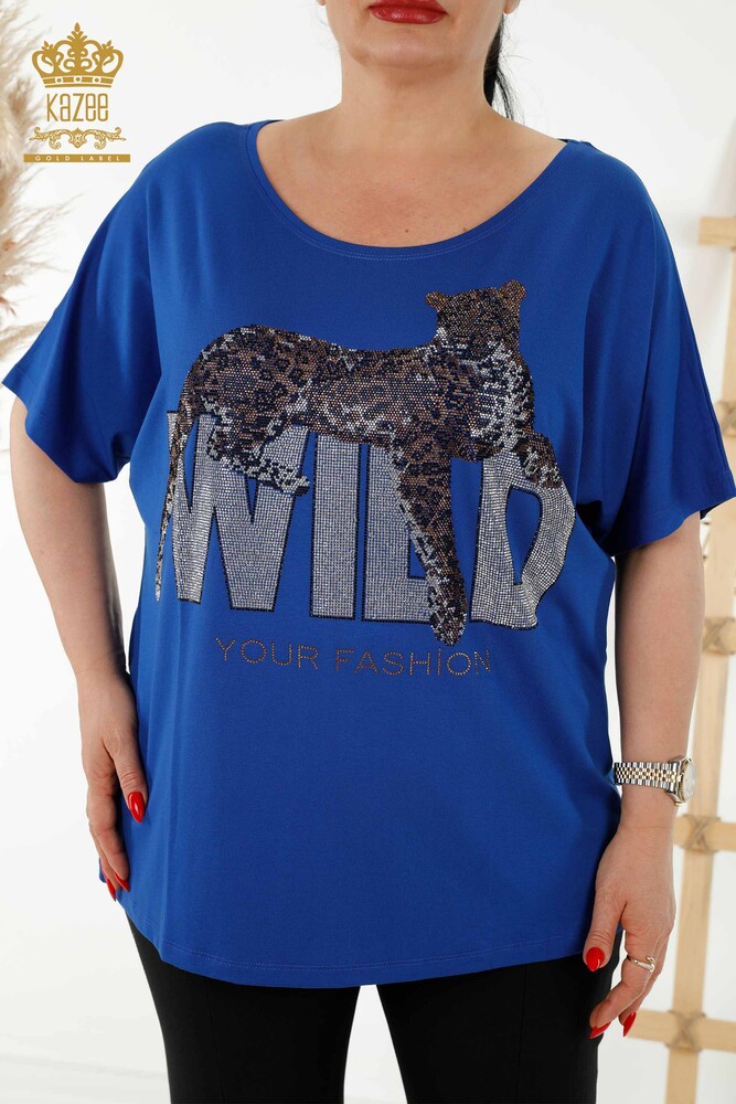 Wholesale Women's Blouse - Stone Embroidered - Dark Blue - 77713 | KAZEE - 2