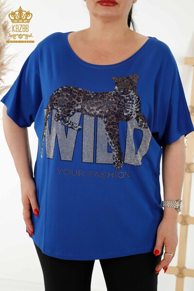 Wholesale Women's Blouse - Stone Embroidered - Dark Blue - 77713 | KAZEE - 2