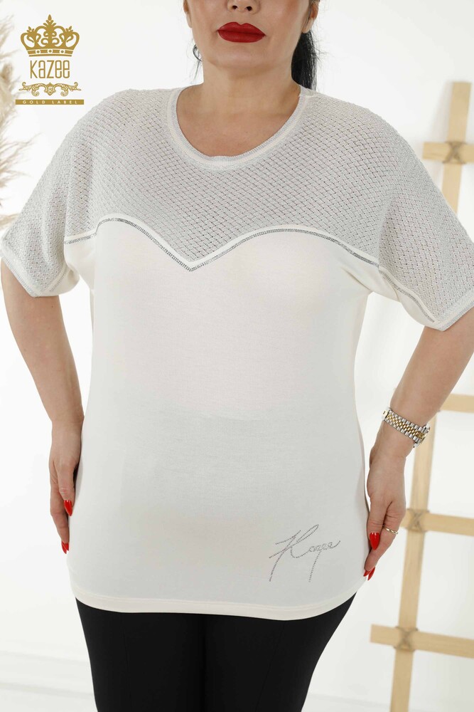 Wholesale Women's Blouse - Stone Embroidered - Ecru - 79235 | KAZEE - 2