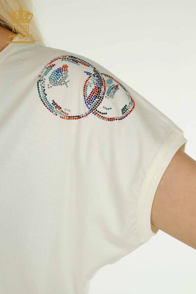 Wholesale Women's Blouse Stone Embroidered Ecru - 79359 | KAZEE - Thumbnail