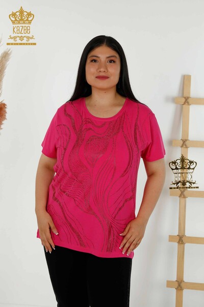 Wholesale Women's Blouse - Stone Embroidered - Fuchsia - 79329 | KAZEE - Thumbnail