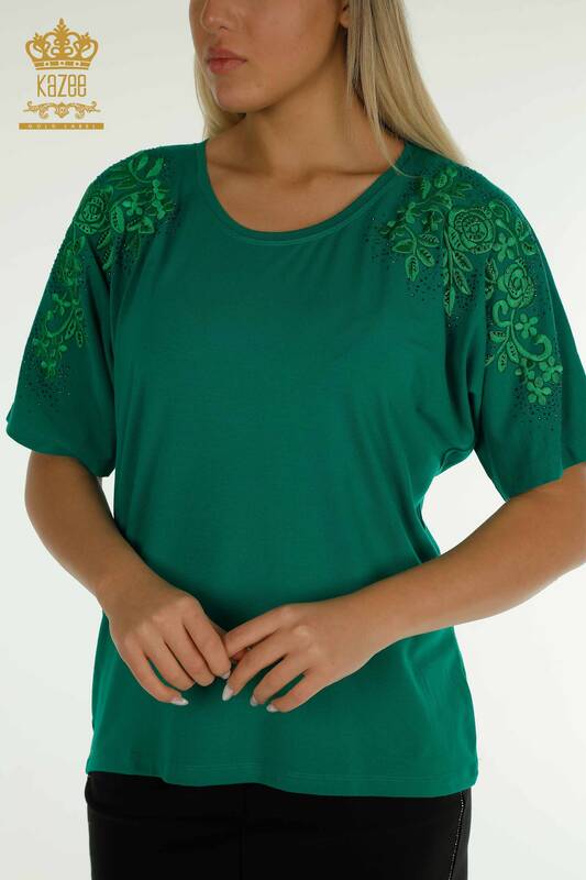 Wholesale Women's Blouse - Stone Embroidered - Green - 79097 | KAZEE