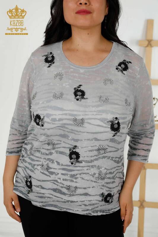 Wholesale Women's Blouse - Stone Embroidered - Gray - 79138 | KAZEE