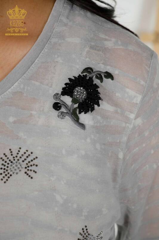 Wholesale Women's Blouse - Stone Embroidered - Gray - 79138 | KAZEE