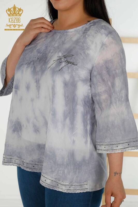 Wholesale Women's Blouse Stone Embroidered Gray - 79175 | KAZEE