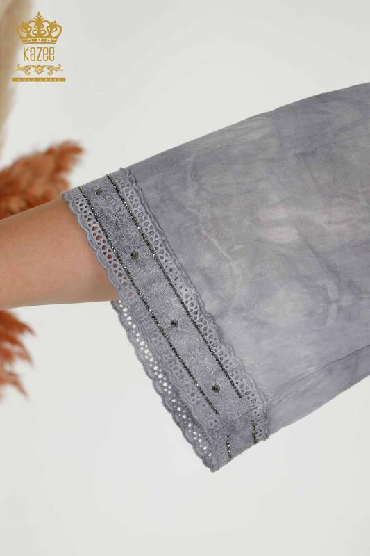 Wholesale Women's Blouse Stone Embroidered Gray - 79175 | KAZEE
