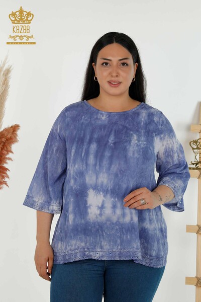 Wholesale Women's Blouse - Stone Embroidered - Indigo - 79175 | KAZEE - Thumbnail