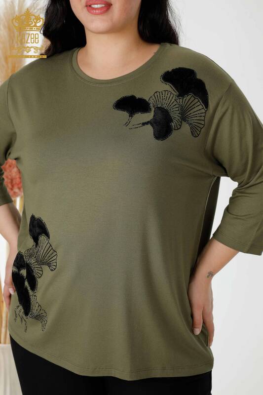 Wholesale Women's Blouse Stone Embroidered Khaki - 78952 | KAZEE