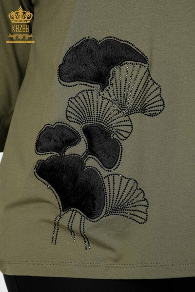 Wholesale Women's Blouse Stone Embroidered Khaki - 78952 | KAZEE - Thumbnail