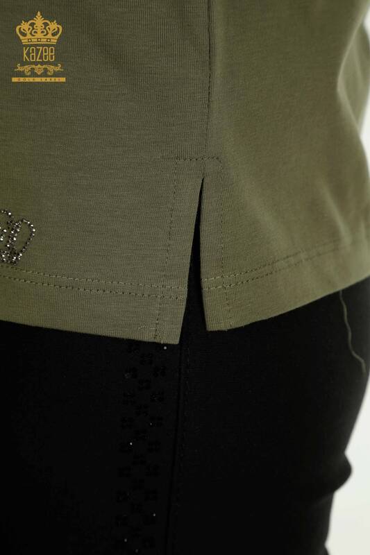 Wholesale Women's Blouse Stone Embroidered Khaki - 79565 | KAZEE