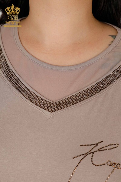 Wholesale Women's Blouse Stone Embroidered Mink - 77870 | KAZEE - Thumbnail