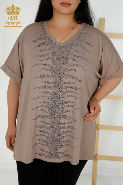 Wholesale Women's Blouse - Stone Embroidered - Mink - 79321 | KAZEE - Thumbnail
