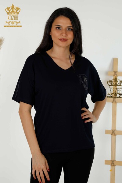 Wholesale Women's Blouse - Stone Embroidered - Navy Blue - 77487 | KAZEE - Thumbnail