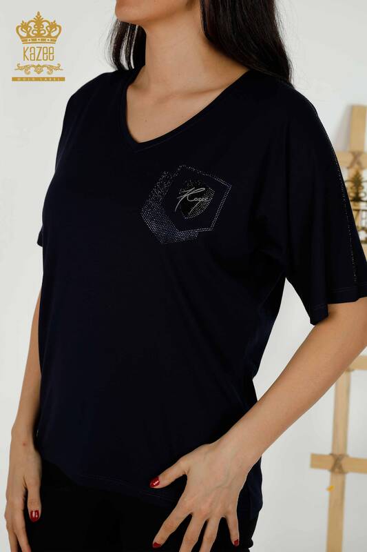 Wholesale Women's Blouse - Stone Embroidered - Navy Blue - 77487 | KAZEE