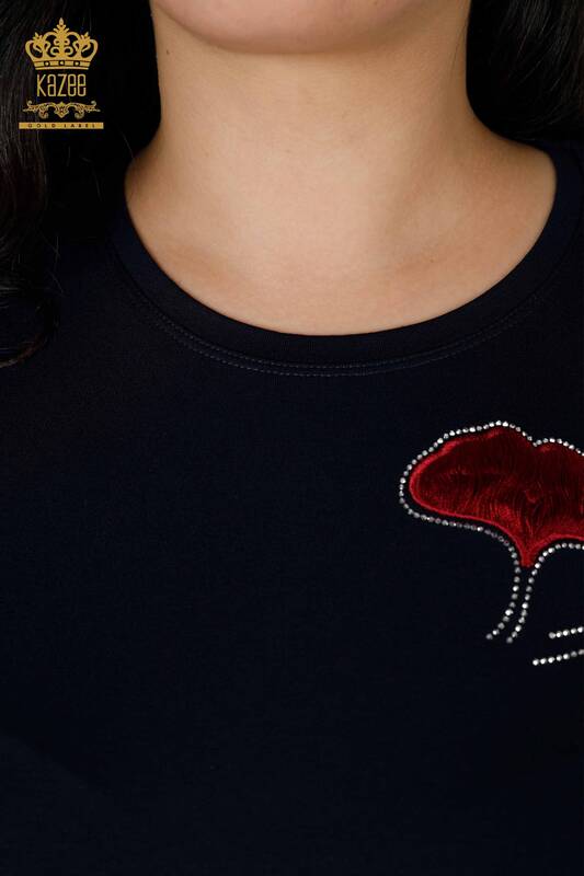 Wholesale Women's Blouse Stone Embroidered Navy - 78952 | KAZEE