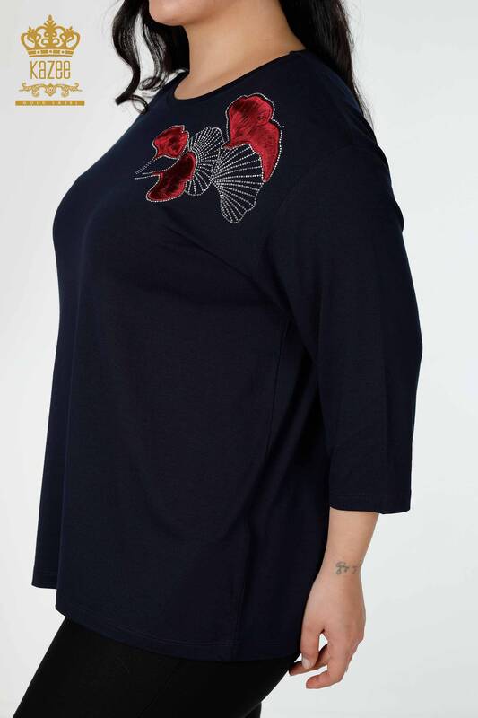 Wholesale Women's Blouse Stone Embroidered Navy - 78952 | KAZEE