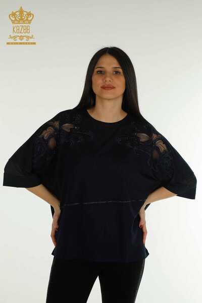 Wholesale Women's Blouse - Stone Embroidered - Navy Blue - 79057 | KAZEE - Thumbnail