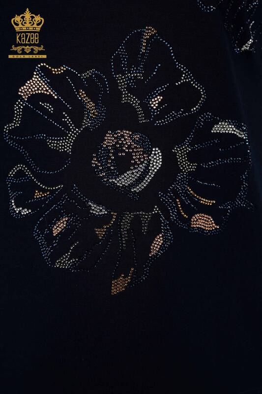 Wholesale Women's Blouse - Stone Embroidered - Navy Blue - 79084 | KAZEE
