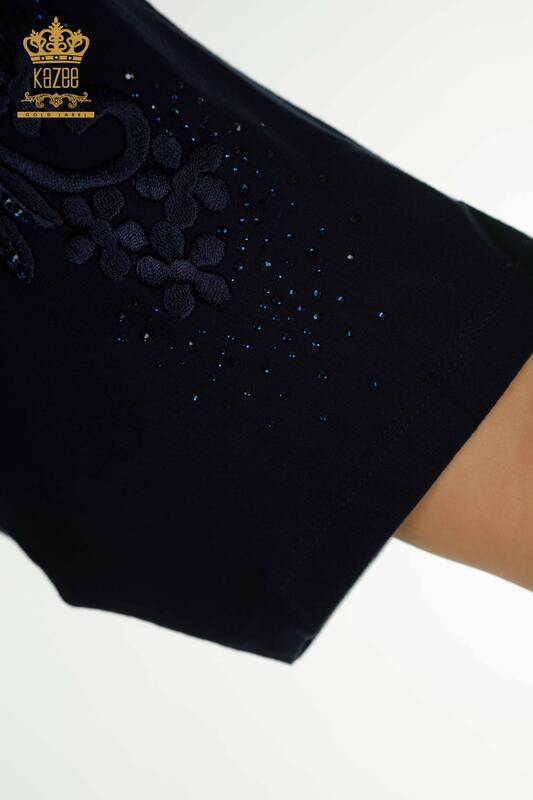Wholesale Women's Blouse - Stone Embroidered - Navy Blue - 79097 | KAZEE