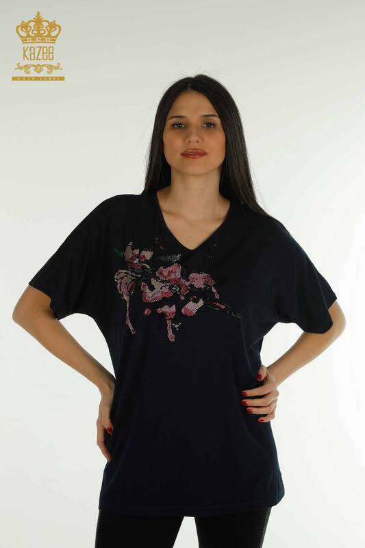 Wholesale Women's Blouse - Stone Embroidered - Navy Blue - 79107 | KAZEE