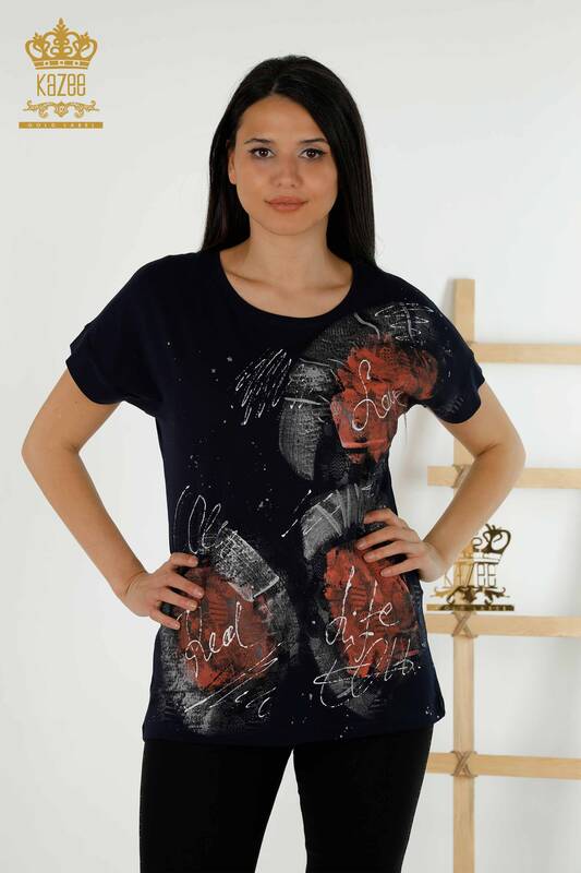 Wholesale Women's Blouse - Stone Embroidered - Navy Blue - 79115 | KAZEE
