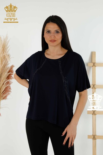 Wholesale Women's Blouse - Stone Embroidered - Navy Blue - 79295 | KAZEE 