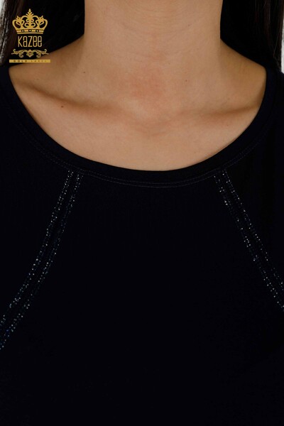 Wholesale Women's Blouse - Stone Embroidered - Navy Blue - 79295 | KAZEE - 4