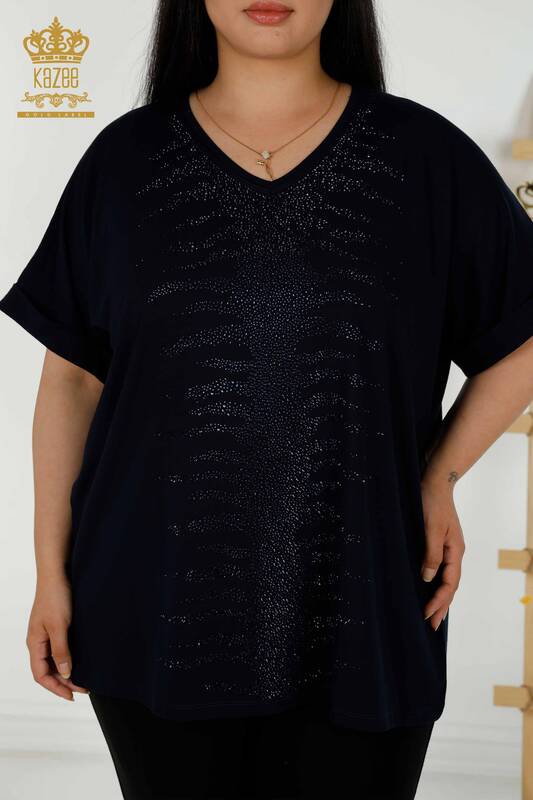 Wholesale Women's Blouse - Stone Embroidered - Navy Blue - 79321 | KAZEE