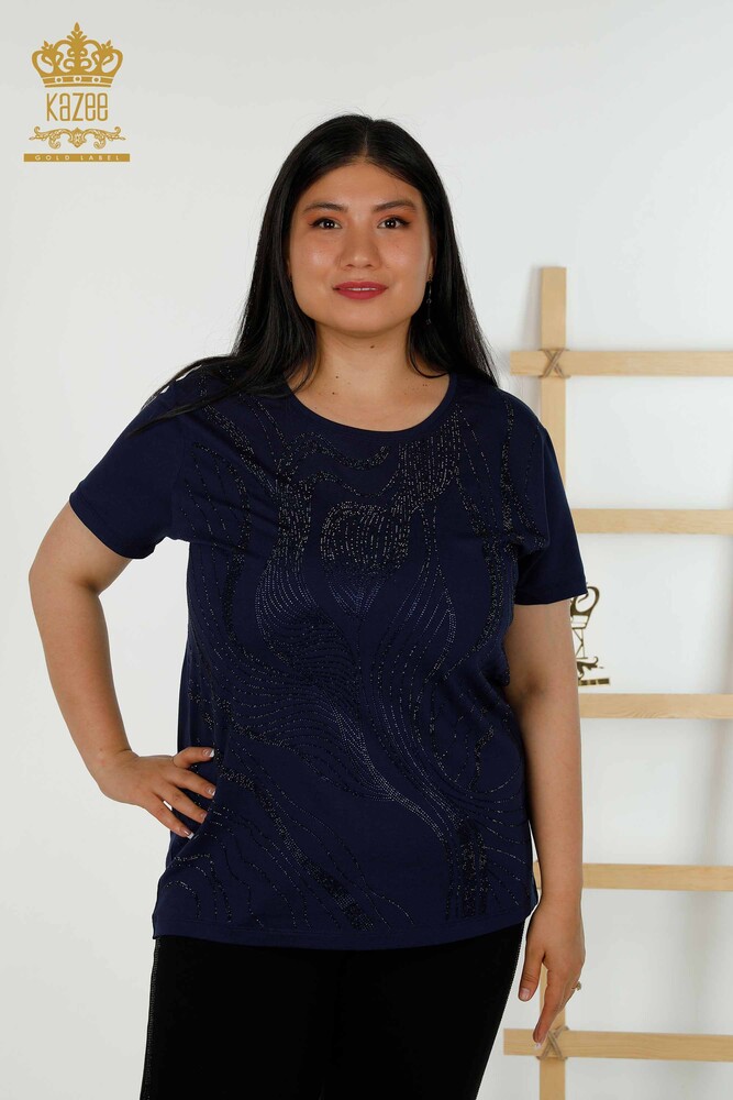 Wholesale Women's Blouse - Stone Embroidered - Navy Blue - 79329 | KAZEE - 1