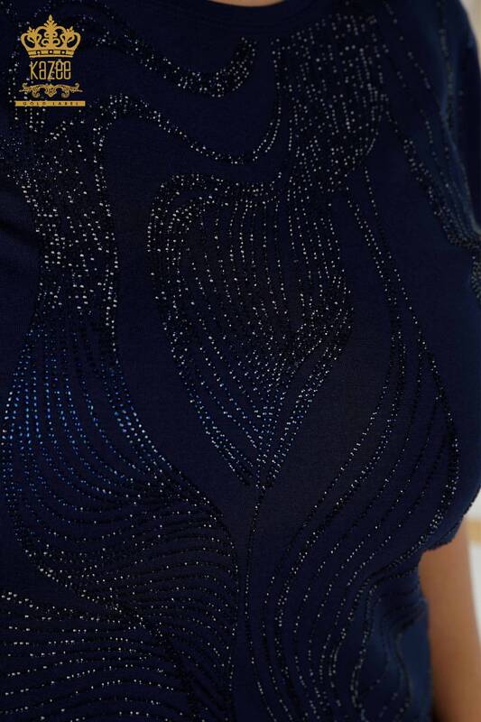 Wholesale Women's Blouse - Stone Embroidered - Navy Blue - 79329 | KAZEE