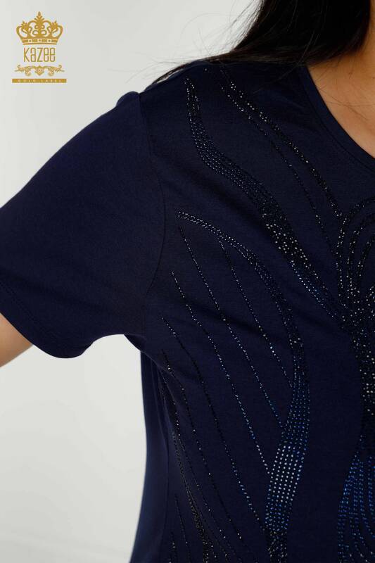 Wholesale Women's Blouse - Stone Embroidered - Navy Blue - 79329 | KAZEE