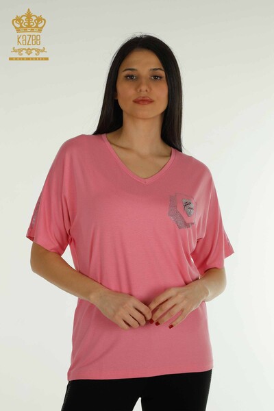Kazee - Wholesale Women's Blouse Stone Embroidered Pink - 77487 | KAZEE