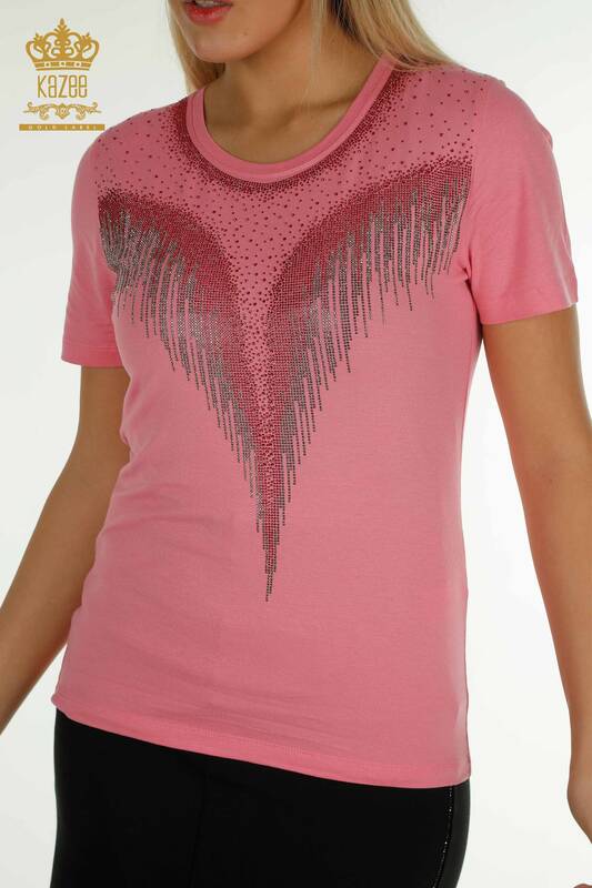 Wholesale Women's Blouse Stone Embroidered Pink - 79348 | KAZEE