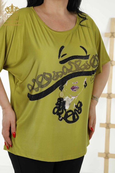 Wholesale Women's Blouse - Stone Embroidered - Pistachio Green - 77756 | KAZEE - Thumbnail